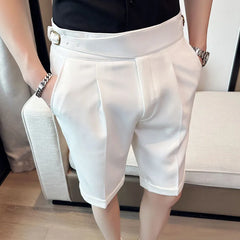 Threebooy Elastic waist Suit Shorts Men's Summer Thin Straight Casual Shorts Business Formal Knee Length Short Pants Hommes Streetwear