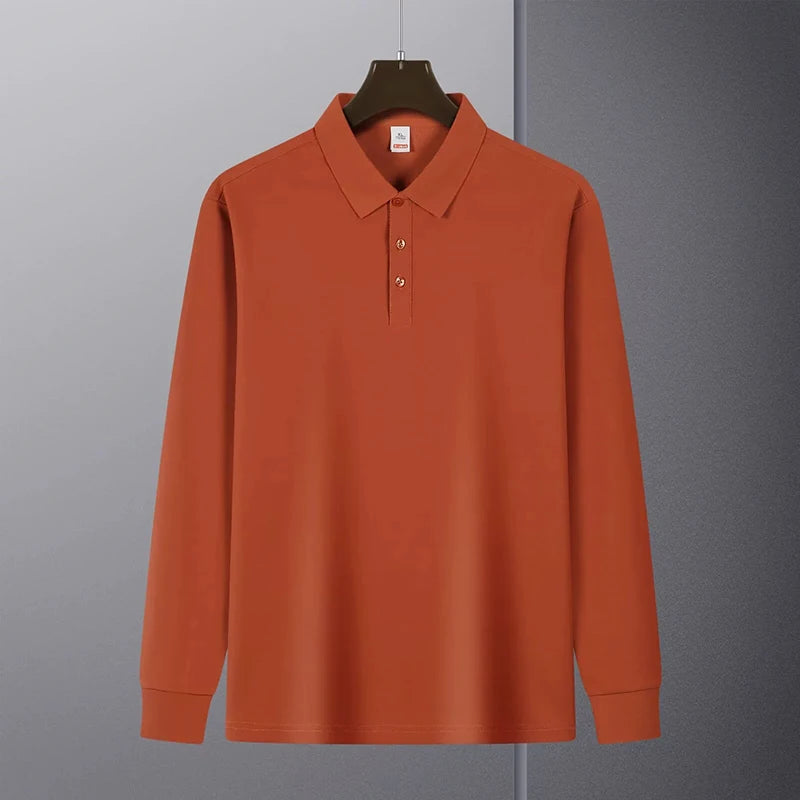 Threebooy  New American Retro Men Polo Shirt Light Luxury Solid Color Slim-fit Commuting Long Sleeve T-shirt Leisure Business Pullover Tops