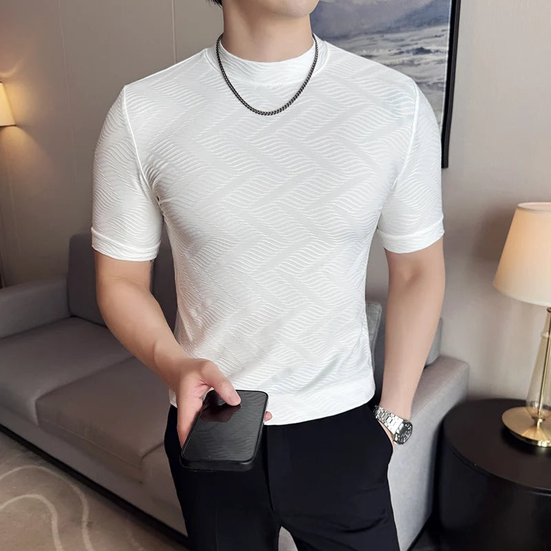 Threebooy  Men's Semi High Neck Short Sleeved T-shirt for Spring and Summer Fashionable and Versatile Slim Fit Jacquard T-shirt