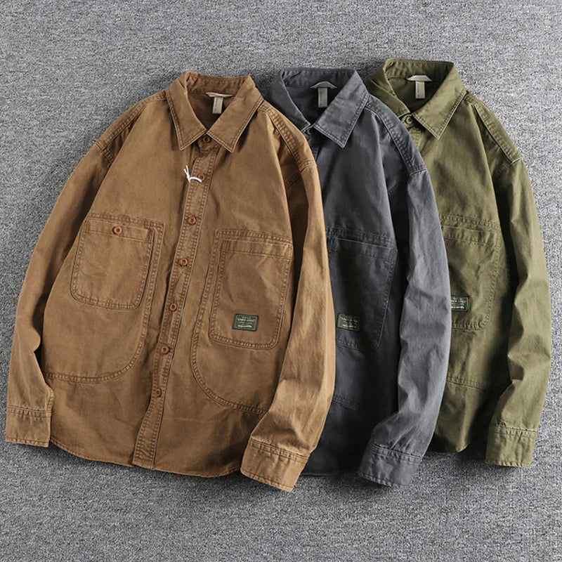 Threebooy  Tough Guy Style Heavyweight Washed Old Work Shirt Men's American Cargo Styles Daily Casual Versatile Long Sleeve Shirt Jacket