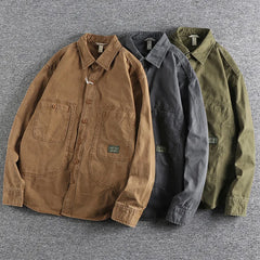 Threebooy  Tough Guy Style Heavyweight Washed Old Work Shirt Men's American Cargo Styles Daily Casual Versatile Long Sleeve Shirt Jacket
