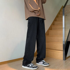 Threebooy  Korean Fashion Men's Loose Jeans Classic Neutral Couple All-match Solid Color Straight Denim Wide Leg Pants Gray Black Blue 3XL