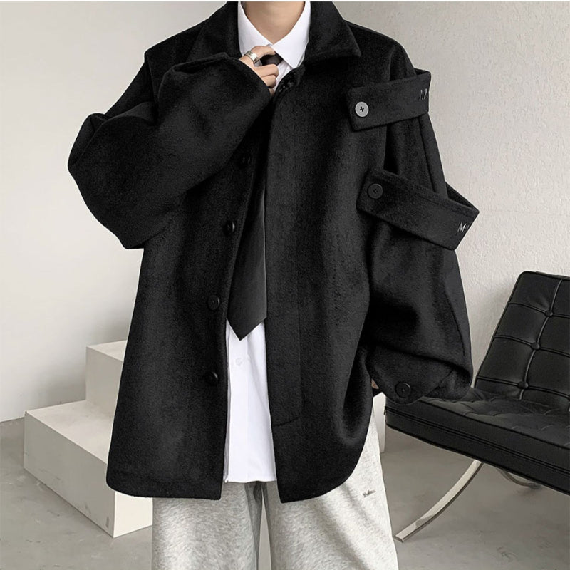 Threebooy Streetwear Woolen Coat Men's Autumn Winter Minority Lapel Jacket American Retro Loose Casual Asymmetrical Jacket