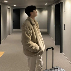 Threebooy Winter Lamb Wool Jacket Men's Loose Elegant Velvet Thick Cotton Jacket Hong Kong Style Casual Polar Fleece Padded Coat