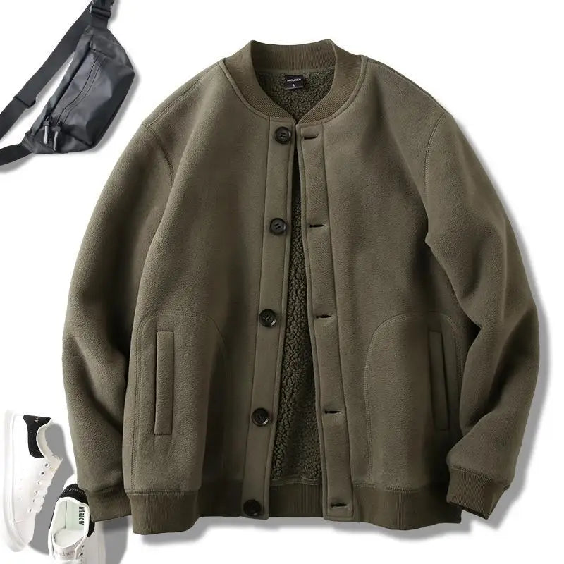 Threebooy Men's Jacket Autumn Winter Polar Fleece Stitching Double Layer Stand Collar Thickened Single-breasted Solid Color Jackets Tops