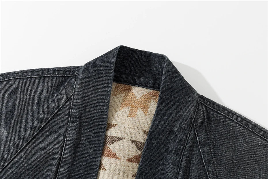 Threebooy Vintage Cargo Denim Jackets Mens Japan Style Double-faced Cardigan Kimono Harajuku Loose Casual Cotton Print Jeans Coats Male