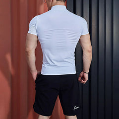 Threebooy American High-Neck Sports Short-Sleeved T-Shirt Mens Summer Fitness Training Quick-Drying Elastic Sweat-Absorbent Tight Clothes