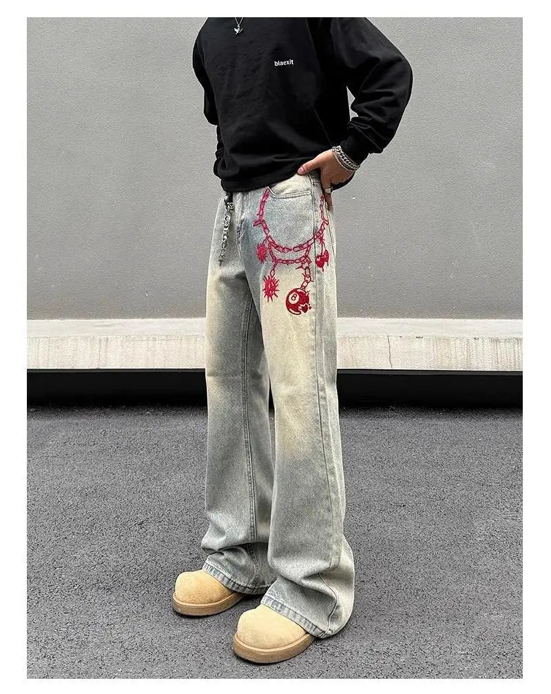 Threebooy American retro men and women trend personalized embroidered straight leg washed jeans couple spring and autumn casual pants y2k