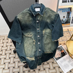 Threebooy  American-style Ripped Denim Jacket Shirt Men Summer Wear Cool Stylish Short-sleeved Contrast Color Male Shirts