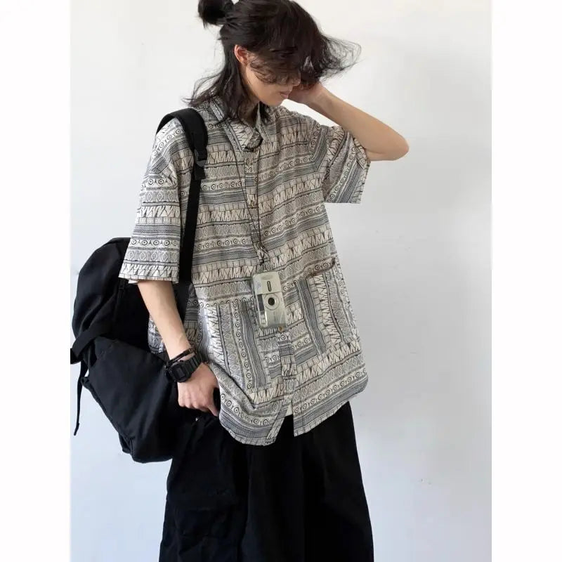 Threebooy Japanese Retro Blouse Loose Ethnic Short-sleeved Shirt Men Women Korean Summer Fashion High-end College Style Versatile Shirt