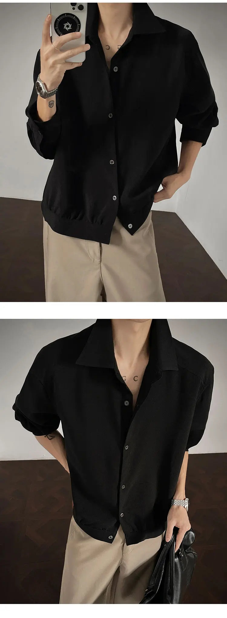 Threebooy Shirt men Korean Style Loose Fit Square Neck Plain Color Long Sleeve Shirt Man Autumn New Trendy Youth Dance Shirts Oversized