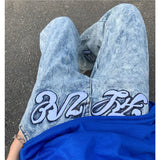 Threebooy Towel Embroidered Jeans Men Hiphop High Street Loose Straight Mopping Washed Denim Trousers Trend Retro Wide-leg Daddy Pants