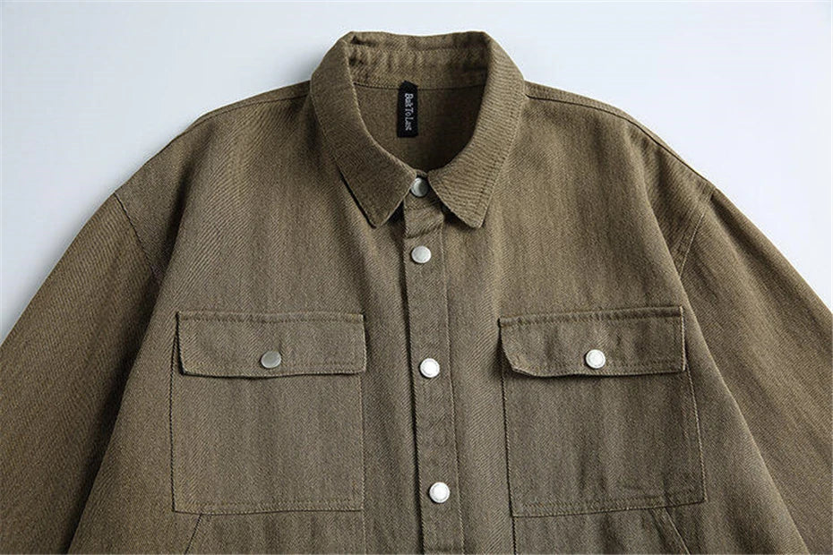 Threebooy Multiple Pockets Cargo Denim Shirts Mens Vintage Washed Long Sleeve Shirt for Men Harajuku Loose Casual Cotton Blouse Jeans Coat
