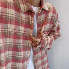 Threebooy 2024 Loose Casual Pink Plaid Shirt Tops men's Clothing Autumn Retro Versatile Cotton Lapel Oversize Long Sleeve Shirt Blouse