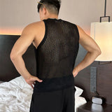 Threebooy Mens Sexy Hollow Mesh Knitted Vest Genderless 2024 New Nightclub Niche Casual Solid Color Sleeveless Knitted Tank Top Unisex