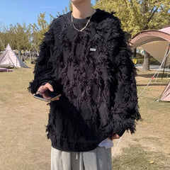 Threebooy  Winter Ripped Fringe Raw Edge Sweater For Men Hip Hop Fashion Knitted Pullovers Y2K Vintage Streetwear Knitwear Jersey Clothes