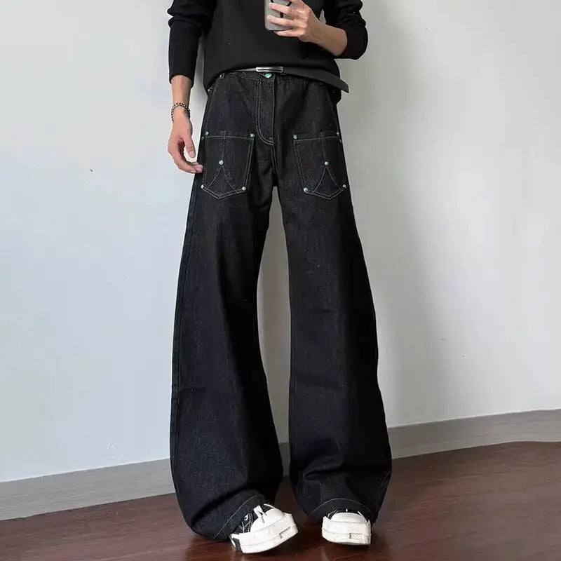 Threebooy  Men Reverse Design Deconstructed Jeans Loose Streetwear Casual Baggy Fit Trendy Edgy Niche Modern Daily Essential