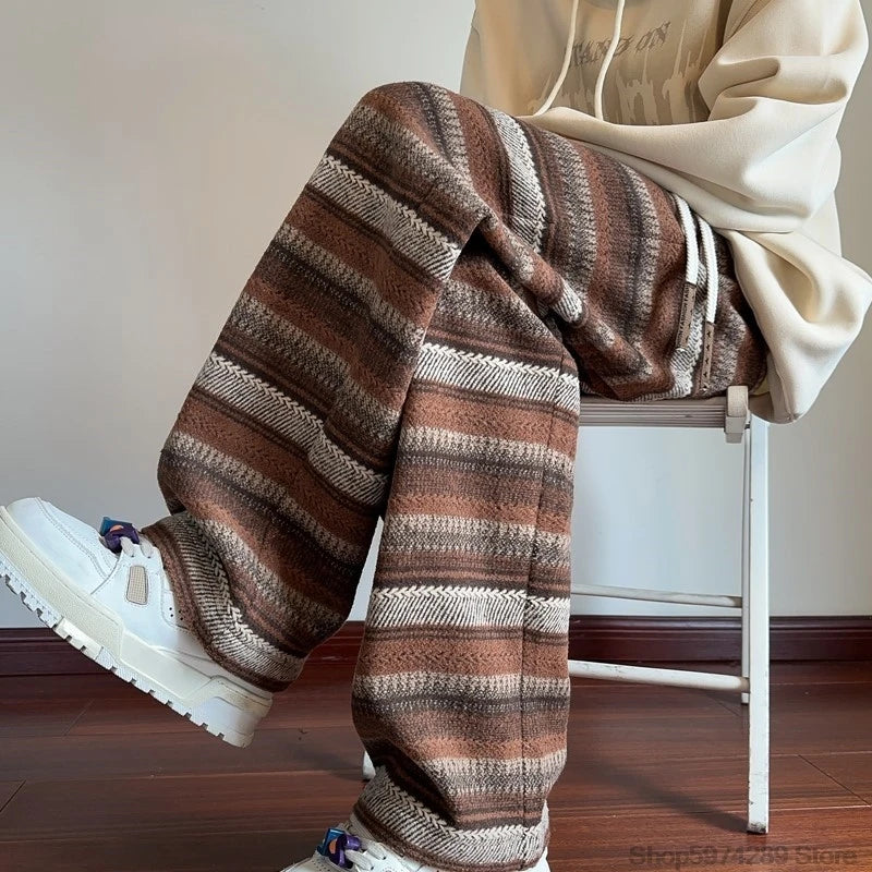 Threebooy Wide Leg Pants Men Women Autumn Winter Fashion Casual Straight Pants Loose Mopping Pants Harajuku Vintage Striped Black/Coffee