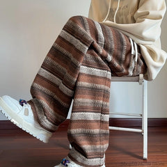 Threebooy Wide Leg Pants Men Women Autumn Winter Fashion Casual Straight Pants Loose Mopping Pants Harajuku Vintage Striped Black/Coffee