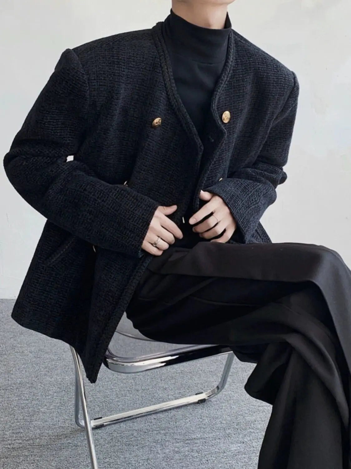 Threebooy American Elegant Blazer Coat Autumn Winter High-end Wool Suit Men's Korean Style Loose Double-breasted Suit Vintage Jacket Chic