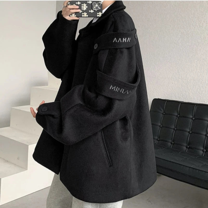 Threebooy Streetwear Woolen Coat Men's Autumn Winter Minority Lapel Jacket American Retro Loose Casual Asymmetrical Jacket