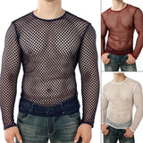 Threebooy Men Transparent Sexy Mesh T Shirt 2024 New See Through Fishnet Long Sleeve Muscle Undershirts Nightclub Party Perform Top Tees