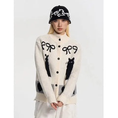 Threebooy Personality Cat Cardigan Contrasting Color Jacquard Stand-up Collar Sweater Coat Autumn Winter Loose Knitted Cardigan