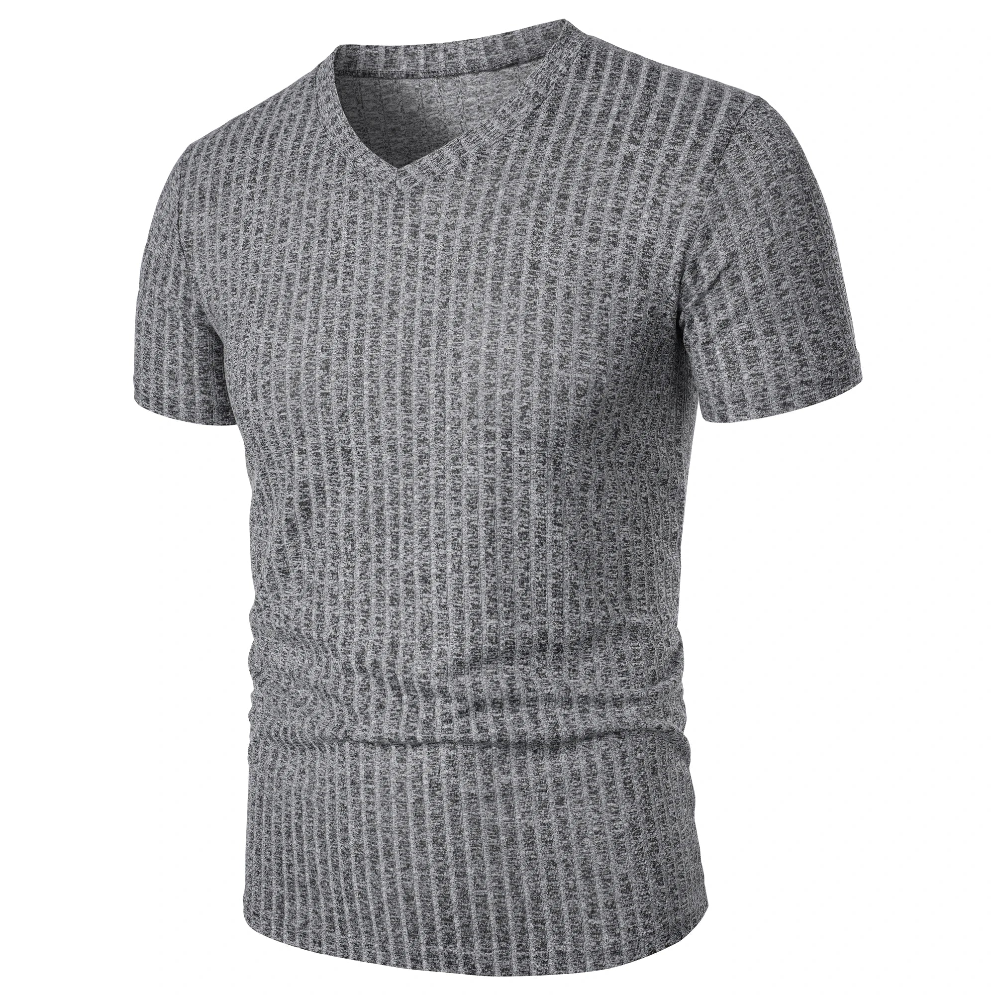 Threebooy  Men's running sports fitness wear summer high stretch vertical strip short sleeve V-neck slim knit base shirt