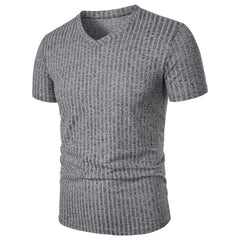 Threebooy  Men's running sports fitness wear summer high stretch vertical strip short sleeve V-neck slim knit base shirt