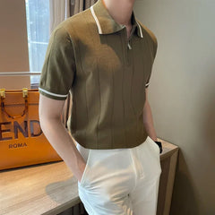Threebooy  Summer Korean Style Men's Half Zip-up Casual Knitted Top Short Sleeves Lapel Trendy Fashionable Knitted Polo Shirt