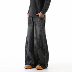 Threebooy Korean Retro Plus Size Ripped Jeans Men'S Wide Leg Curved Pants Fashionable Casual Loose Straight Leg Pants