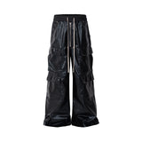 Threebooy Glossy Black Pu Leather Pants for Men High Street Y2k Pantalones Hombre Baggy Overall Wide Leg Drawstring Cargos