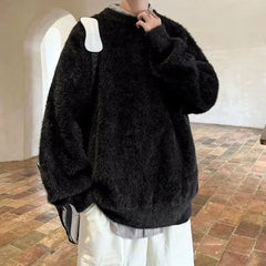 Threebooy  Autumn Solid Fluffy Warm Knitted Sweaters For Man New High Street Fashion Loose Pullovers New Y2K Vintage Knitwear Jumpers