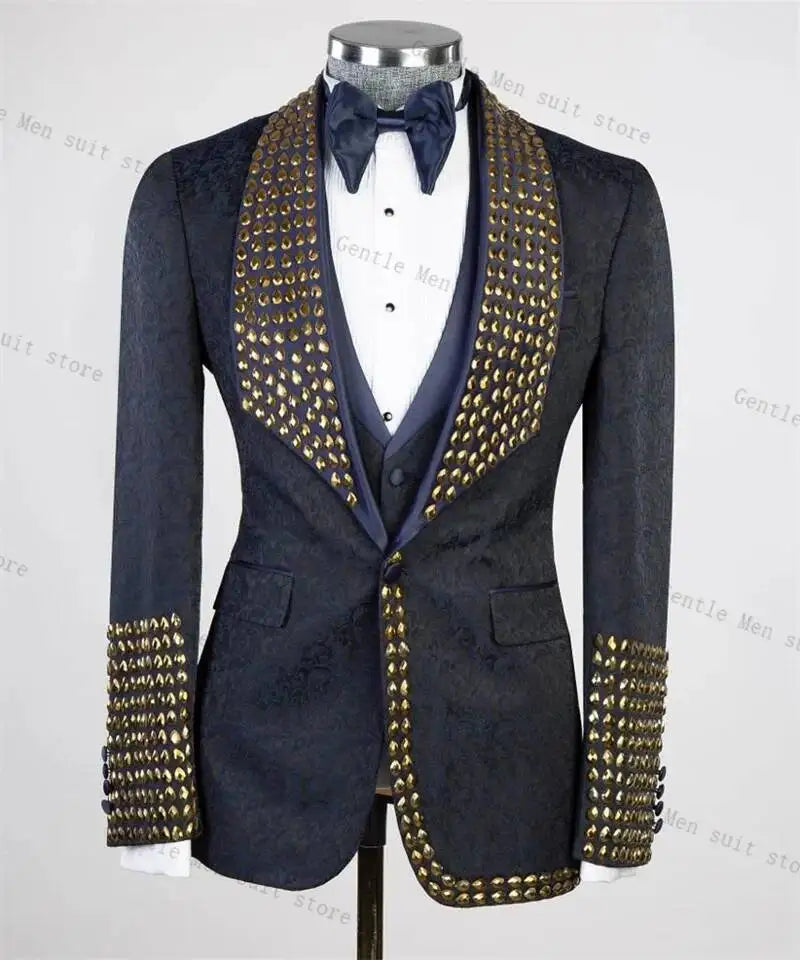 Threebooy  Men Suit Set 2 Pieces Trousers Golden Crystals Slim Fit Wedding Tuxedo Formal  Customized  For Wedding Prom