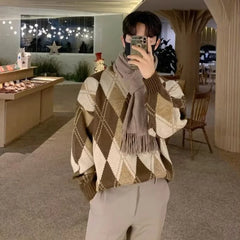 Threebooy  Autumn Men's Vintage Geometric Pattern Long Sleeve Sweater High Street Fashion Jacquard Knitwear Patchwork Y2K Knitted Pullovers