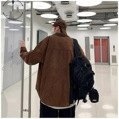 Threebooy  Men's Spring and Autumn New Patchwork Square Collar Button Pocket Fashion Solid Color Loose Casual Long Sleeved Jackets