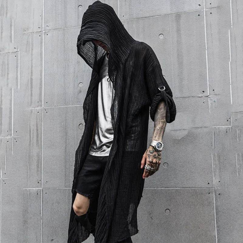 Threebooy Spring and Summer Men's Black Harajuku Mid Length Loose Casual Long Sleeve Shirt Stage Costume Halloween Costume