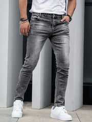 Threebooy  1 Piece of Men's Four-Season Snowflake Washed Fashion Jeans, Stretch Slim Fit Light Gray Dark Black Casual Denim Pants, Normcore and Fashionable, Suitable for Everyday Wear