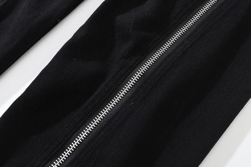 Threebooy Harajuku Sashes Zipper Decorate Vibe Style Black Cargo Pants for Men High Street Straight Casual Baggy Oversized Unisex Trousers