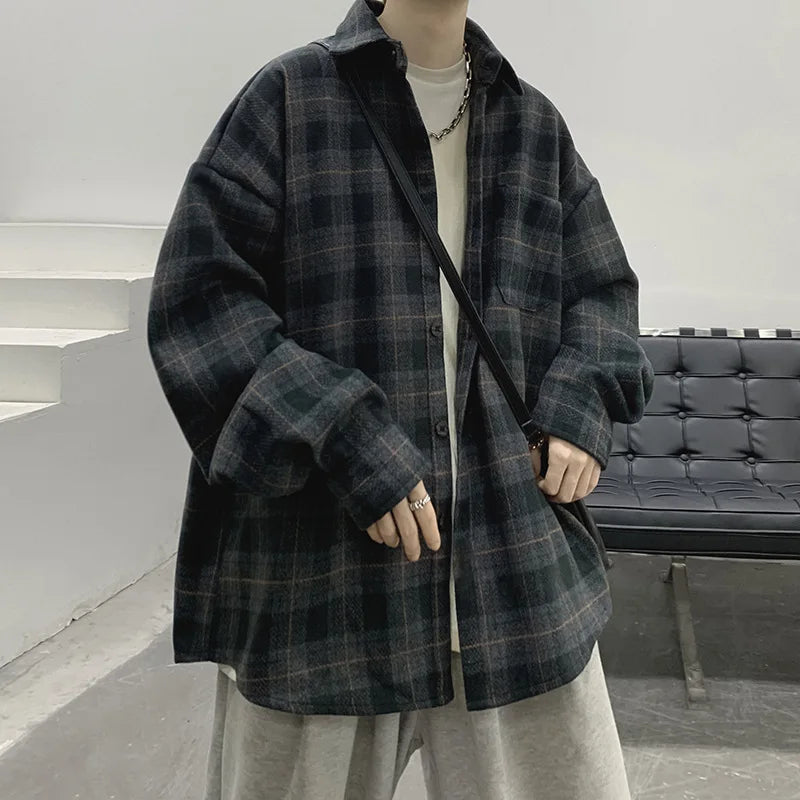 Threebooy Spring Autumn Men's Long Sleeved Checkered Shirt Jacket Coat
