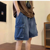Threebooy Fashion Casual Retro Blue Cargo Port Style Loose Big Pocket Denim Shorts Men Summer Thin Fashion Washed Five Point Casual Pants