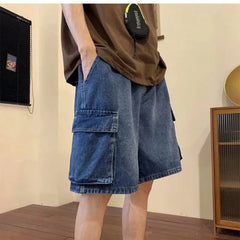 Threebooy Fashion Casual Retro Blue Cargo Port Style Loose Big Pocket Denim Shorts Men Summer Thin Fashion Washed Five Point Casual Pants