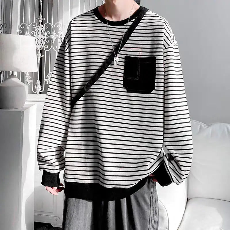 Threebooy Men Trendy Striped Patchwork Streetwear Y2K Oversize Basic T-shirt Japanese Style Round Neck Long Sleeve Cotton Tops Ropa Hombre