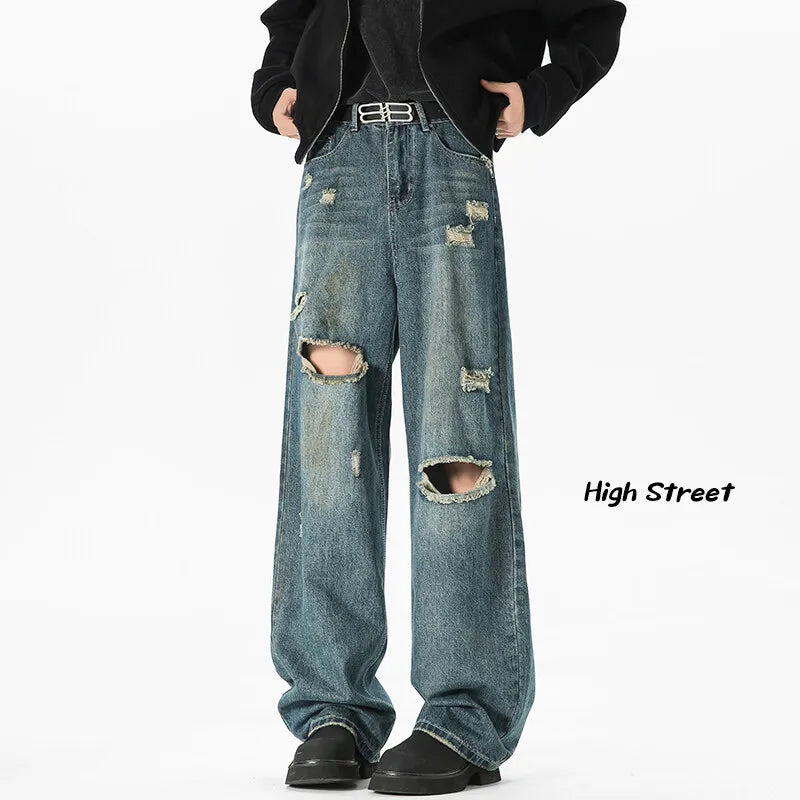Threebooy NEW Baggy jeans man Frayed Damaged Hole Baggy Wide Leg Jeans for Men and Women Streetwear Casual Ropa Hombre Denim Trousers