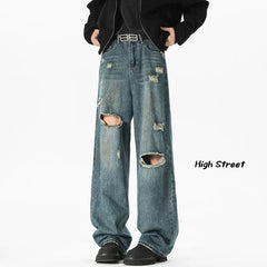 Threebooy NEW Baggy jeans man Frayed Damaged Hole Baggy Wide Leg Jeans for Men and Women Streetwear Casual Ropa Hombre Denim Trousers