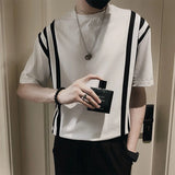 Threebooy Summer Men's Social Simple Fashion T Shirts Korean Style Round Neck Stripe Printing Tshirts Short Sleeve Black T-shirt
