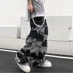 Threebooy Tassel Jeans Men's Patchwork Wide Leg Lazy Style Hip Hop Loose Denim Pants Men Baggy Ripped Distressed Stacked Jeans Y2K Grunge