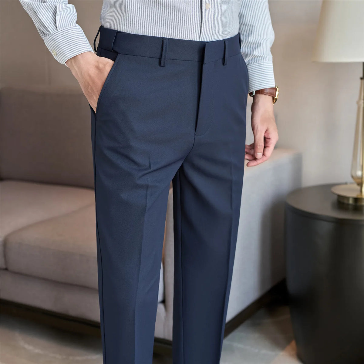 Threebooy Spring Autumn Suit Pants Men Solid Color Fashion Slim Fit Smart Casual Suit Trousers Mens Elastic Waist Korean Full Length Pants