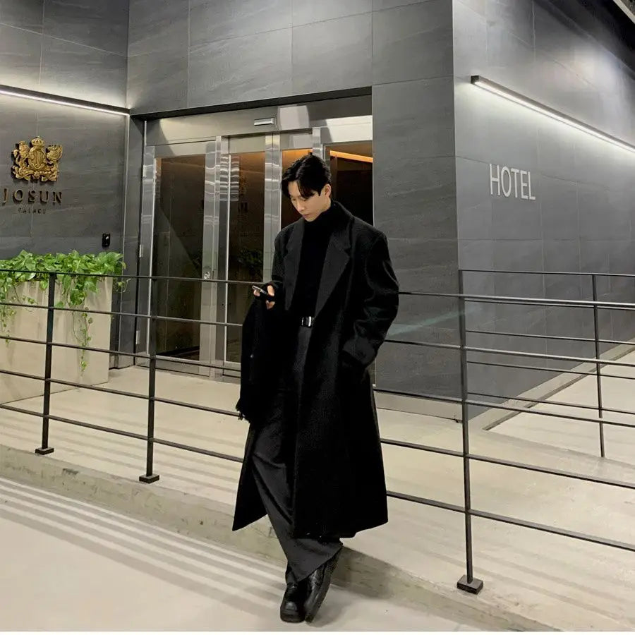Threebooy Korean High-end Wool Coat Autumn Winter Japanese Fashionable Men Over-knee Mid-length Wool Coat Men Simple Streetwear