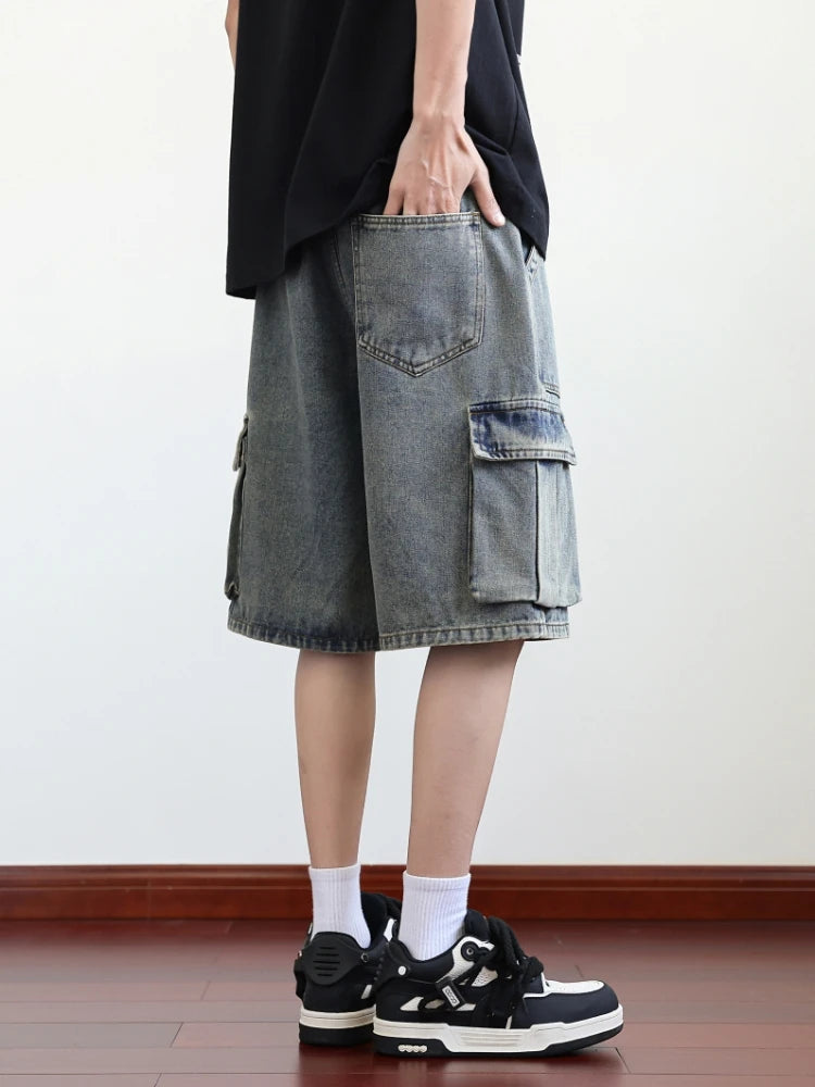 Threebooy  Summer Denim Cargo Shorts Men Flap Pockets Wide Leg Baggy Jeans Shorts Big Size 8XL 7XL 6XL Loose Fit Straight Jean Short Male